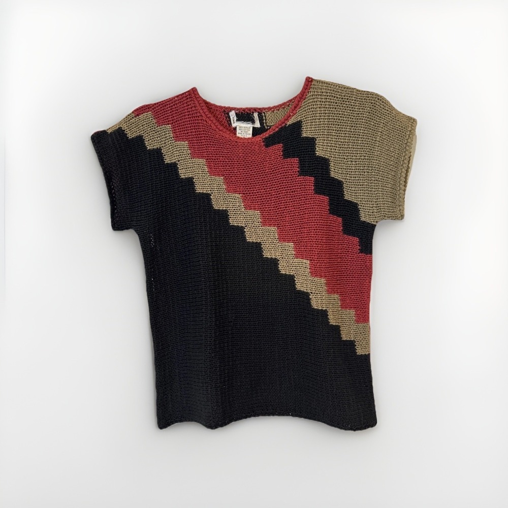 Vtg Knit Sweater Top Womens Small Black Red Tan Colorblock Short Sleeve Chunky
